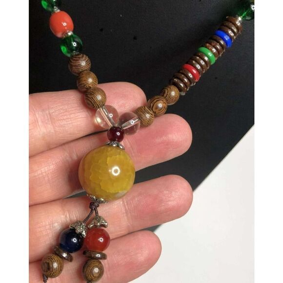 1889 Semi-precious stone, glass bead wood Beaded drop Necklace 30" - Picture 1 of 2